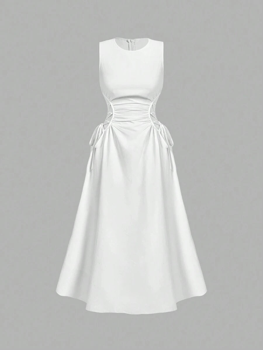 White sleeveless lace up waist midi dress front view