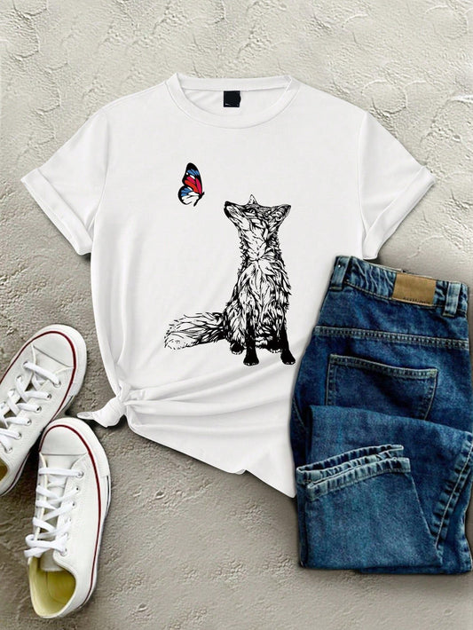 Charming Fox and Butterfly Graphic Tee for Women – Casual Round Neck Short Sleeve T-Shirt