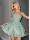 Elegant Shiny Deep V-Neck Ruffle Hem Dress - Perfect for Any Occasion