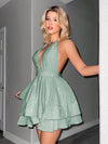 Elegant Shiny Deep V-Neck Ruffle Hem Dress - Perfect for Any Occasion