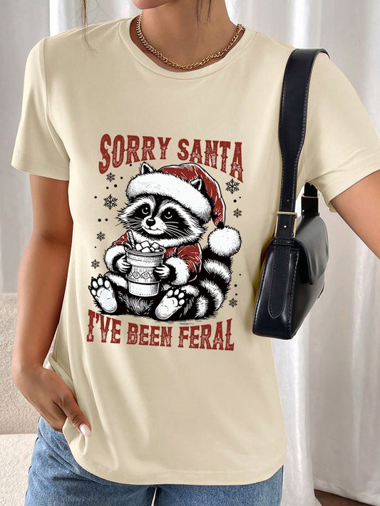 Festive Fun Women's Raccoon Print Christmas T-Shirt - Short Sleeve Casual Top