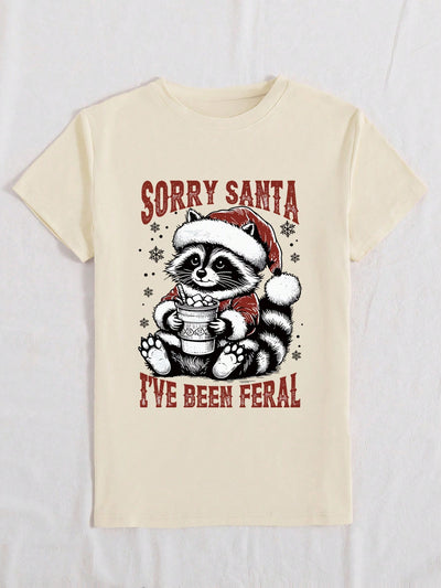 Festive Fun Women's Raccoon Print Christmas T-Shirt - Short Sleeve Casual Top