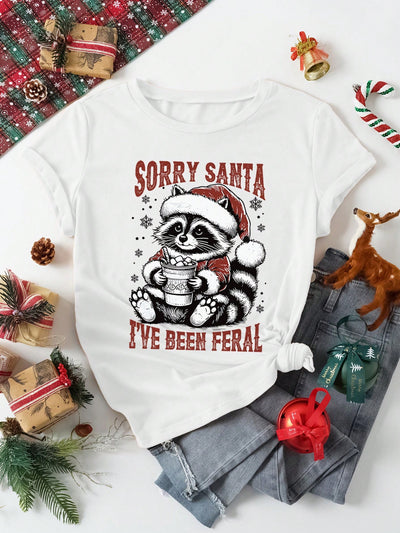 Festive Fun Women's Raccoon Print Christmas T-Shirt - Short Sleeve Casual Top