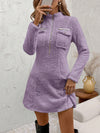 Chic Fleece Mini Dress with Stand Collar & Zipper Pockets - Perfect for Autumn/Winter Style