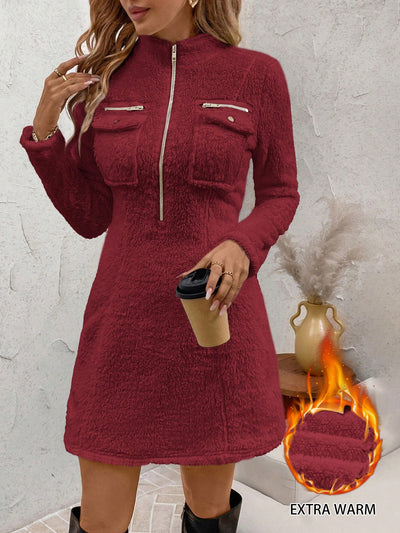 Chic Fleece Mini Dress with Stand Collar & Zipper Pockets - Perfect for Autumn/Winter Style