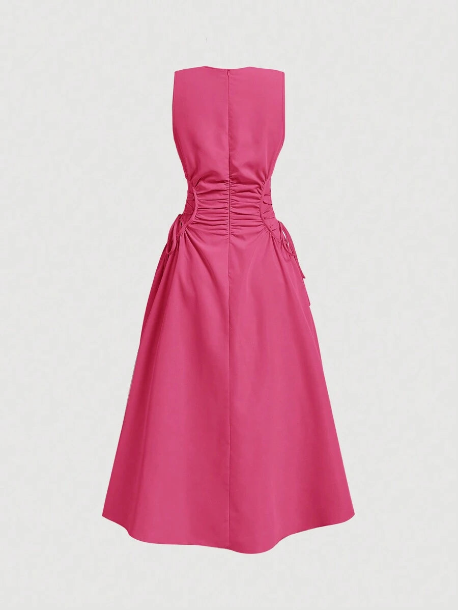 Back view of hot pink midi dress with zipper and full skirt