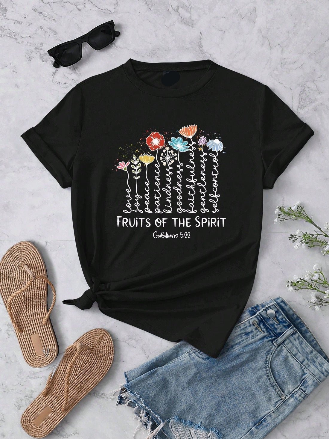 Elevate your casual wardrobe with our Women's Graphic T-Shirt inspired by the Fruits of the Spirit. Made with high-quality materials, this tee showcases your faith in a stylish way. Spread love, joy, peace, patience, kindness, goodness, faithfulness, gentleness, and self-control every time you wear it.