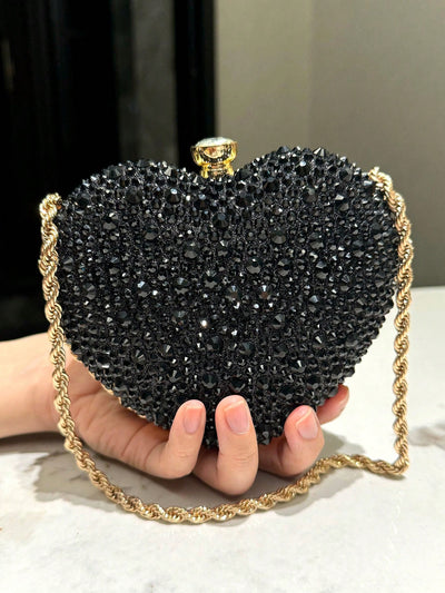 Chic Red Heart-Shaped Rhinestone Evening Clutch Bag with Metal Chain Strap - Perfect for Banquets, Weddings, and Formal Occasions