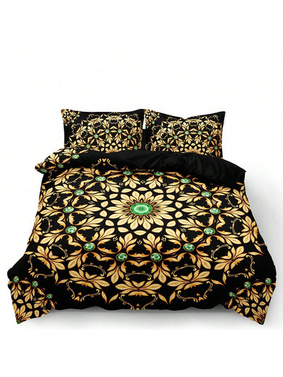 Exotic Elegance: 3D Green and Golden Palm Leaf Duvet Cover Set for Serene Bedroom Decor