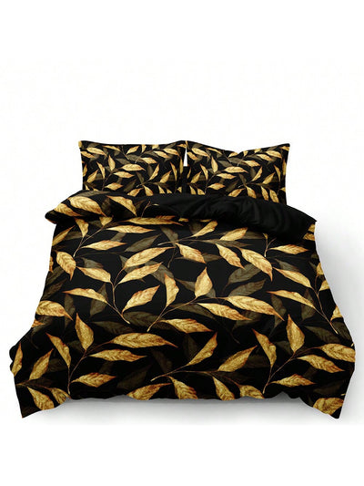 Exotic Elegance: 3D Green and Golden Palm Leaf Duvet Cover Set for Serene Bedroom Decor