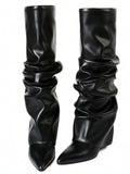Heel view of Punk Goth Mid-Calf Motorcycle Boots with Chunky High Heels - Fashionable Slouched Ruched Style for Women for punk motorcycle boot styling