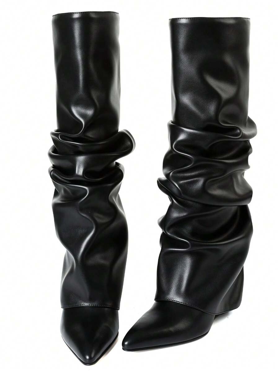 Heel view of Punk Goth Mid-Calf Motorcycle Boots with Chunky High Heels - Fashionable Slouched Ruched Style for Women for punk motorcycle boot styling