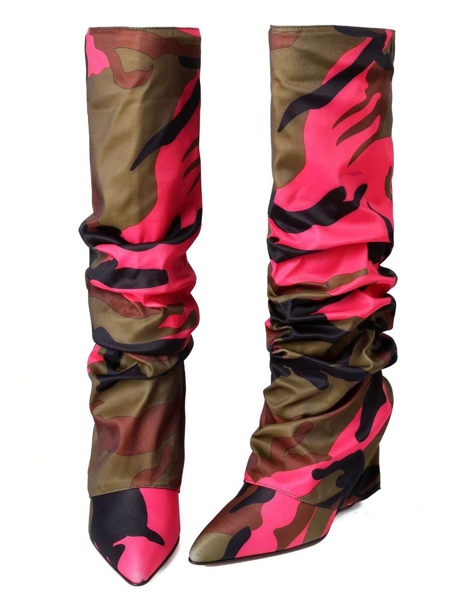 Color option view of Punk Goth Mid-Calf Motorcycle Boots with Chunky High Heels - Fashionable Slouched Ruched Style for Women for punk motorcycle boot styling