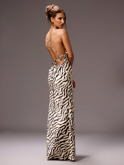 Striking Zebra-Striped Backless Maxi Dress – Chic & Sexy Edition