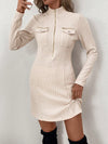 Chic Fleece Mini Dress with Stand Collar & Zipper Pockets - Perfect for Autumn/Winter Style