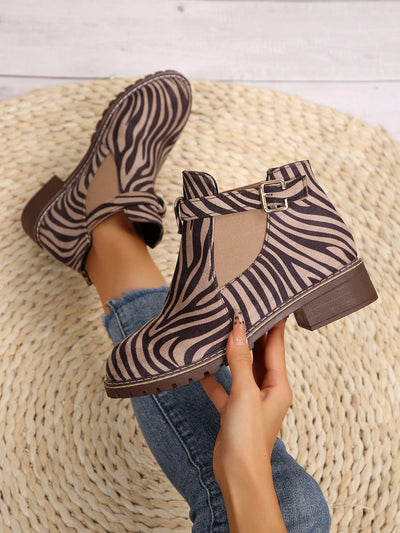 Chic Zebra Print Chunky Low Heel Boots - Versatile Fashion for Autumn & Winter