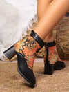 Chic Flock Embroidered Chunky Heel Boots for Stylish Autumn-Winter Looks