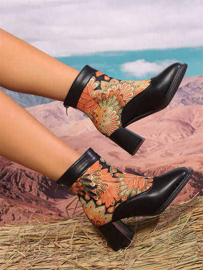 Chic Flock Embroidered Chunky Heel Boots for Stylish Autumn-Winter Looks