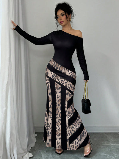 Chic Leopard Patchwork Fishtail Dress - Stylish V-Neck Design for a Sultry Look