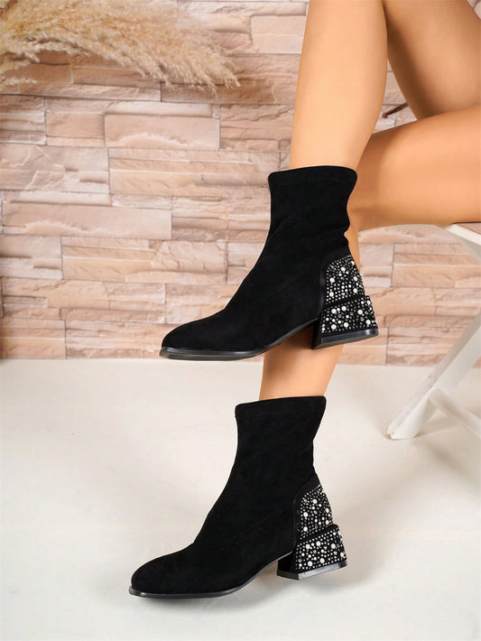 Elevate Your Style: Rhinestone Chunky Heel Ankle Boots for Women