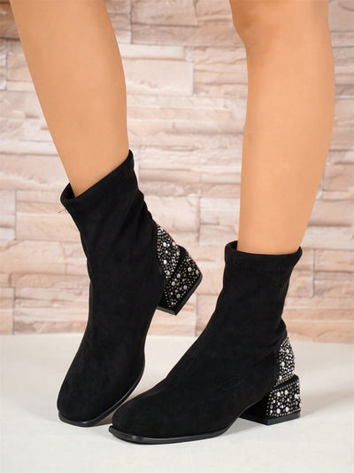 Elevate Your Style: Rhinestone Chunky Heel Ankle Boots for Women