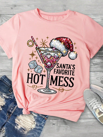 Festive Cheer: Christmas Wine Glass Graphic Print Tee for Women