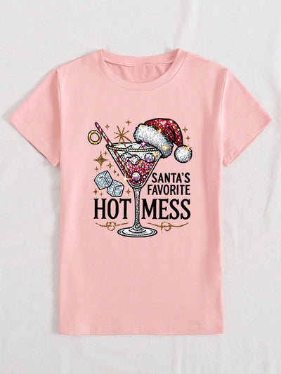 Festive Cheer: Christmas Wine Glass Graphic Print Tee for Women