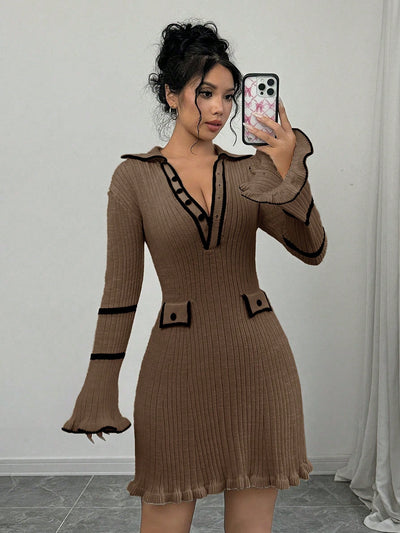 Chic Blocked Elegance: Women’s Ribbed Knitted Long Sleeve Sweater Dress