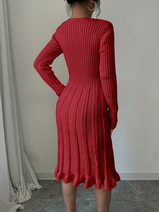 Chic V-Neck Ribbed Knit Sweater Dress with Button Detail