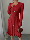 Chic V-Neck Ribbed Knit Sweater Dress with Button Detail