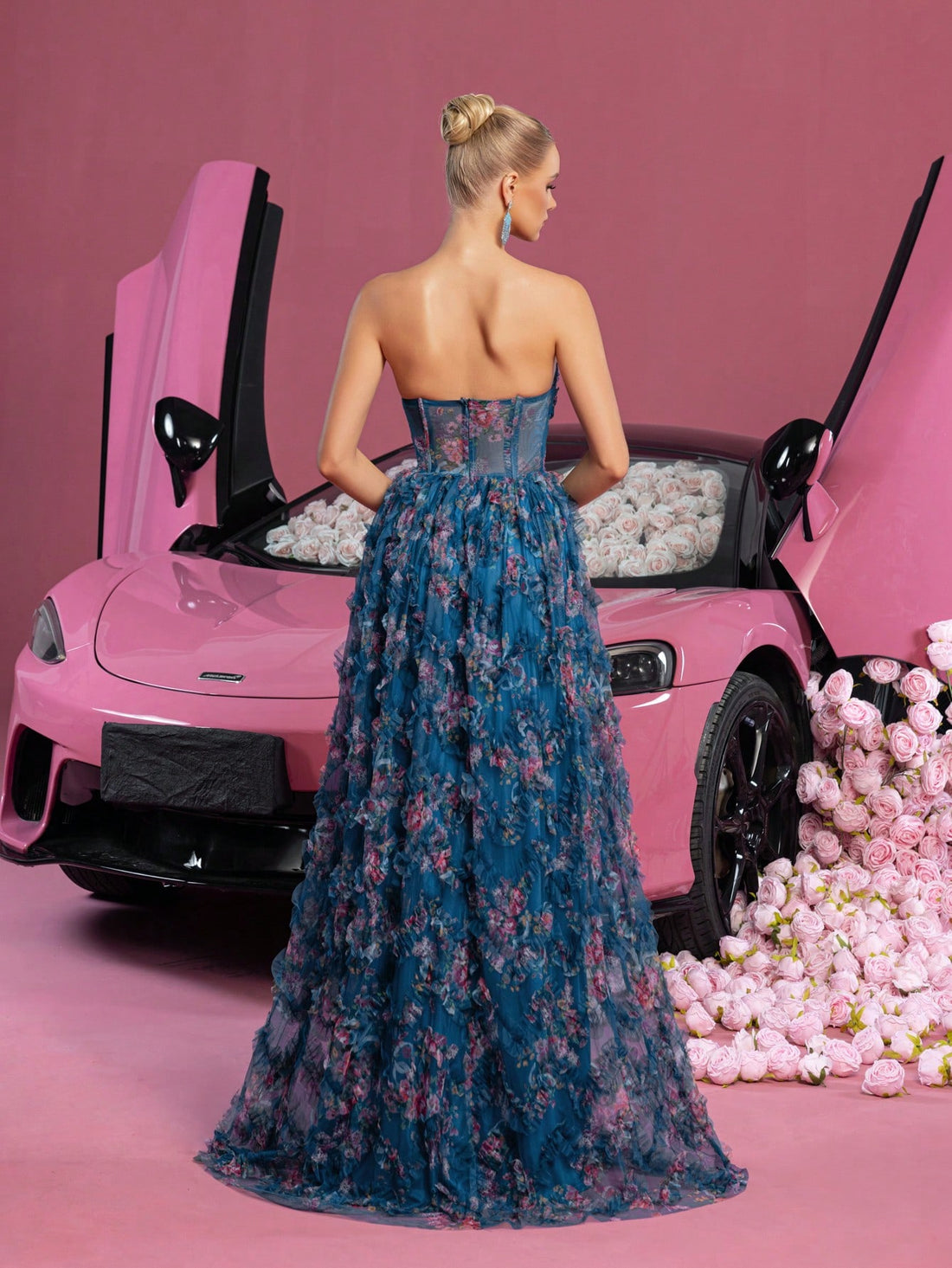 Step into the spotlight with this Elegant Floral Print Ruched Bustier Tube Dress. The playful ruching sculpts your silhouette, while the charming ruffle hem adds a flirty finish perfect for weddings and formal events. Effortlessly chic, this dress brings floral fun with a touch of sophistication to your special day.