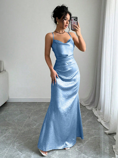 Elegant Metallic Draped Neck Sling Dress - Perfect for Parties