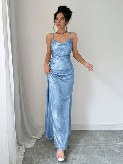 Elegant Metallic Draped Neck Sling Dress - Perfect for Parties