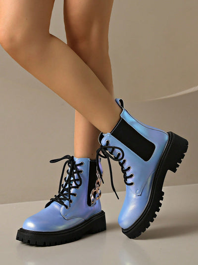 Chic Ombre Blue Leather Ankle Boots with Thick Sole - Trendy Motorcycle Style for Autumn/Winter