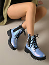 Chic Ombre Blue Leather Ankle Boots with Thick Sole - Trendy Motorcycle Style for Autumn/Winter