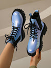 Chic Ombre Blue Leather Ankle Boots with Thick Sole - Trendy Motorcycle Style for Autumn/Winter