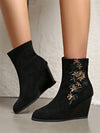 Elegant Floral Embroidery Suede Wedge Heel Ankle Boots