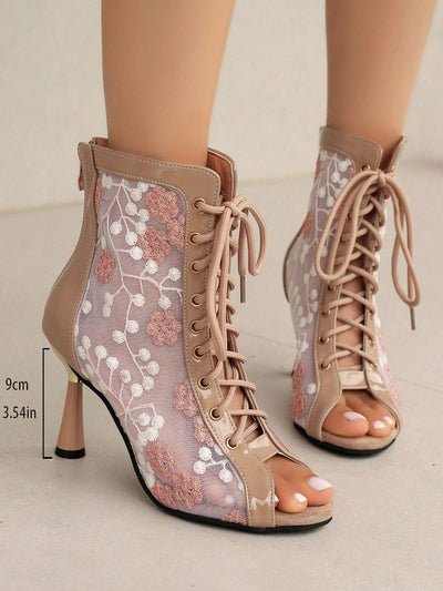 Chic Leather Floral Embroidered Peep-Toe Ankle Boots - Perfect for Parties and Festivals!