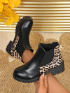 Chic Leopard Print & PU Leather Ankle Boots - Versatile Chunky Heels for All Seasons