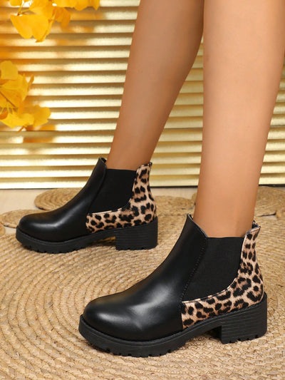 Chic Leopard Print & PU Leather Ankle Boots - Versatile Chunky Heels for All Seasons