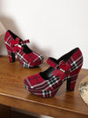 Chic Red Plaid Mary Jane Heels with Chunky Block Design – Perfect for Adding Height and Style This Autumn!