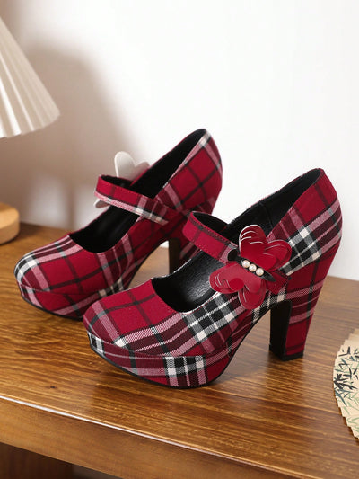 Chic Red Plaid Mary Jane Heels with Chunky Block Design – Perfect for Adding Height and Style This Autumn!