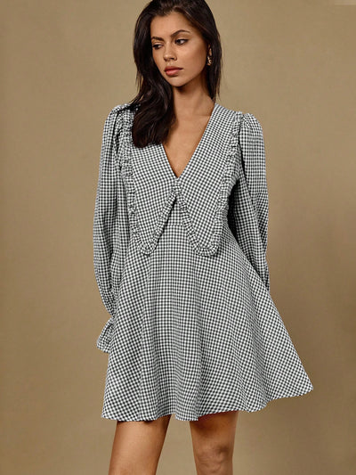 Charming Autumn Plaid Dress with Peter Pan Collar and Ruffled V-Neck