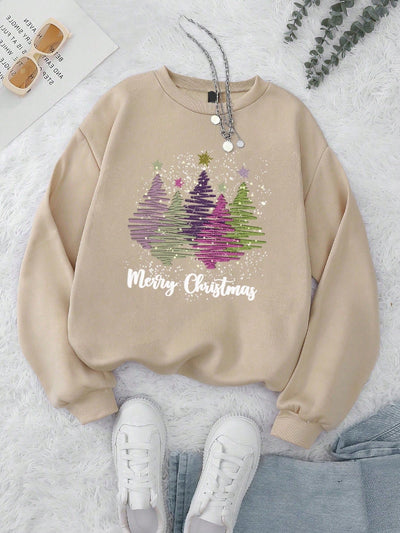 Festive Fleece: Glitter Letter Print Christmas Tree Sweatshirt for Women