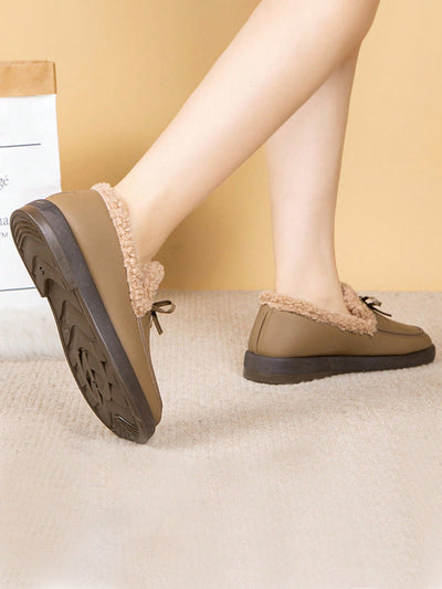 Women's Bow-Decor Flat Ankle Boots with Plush Lining for Winter Comfort