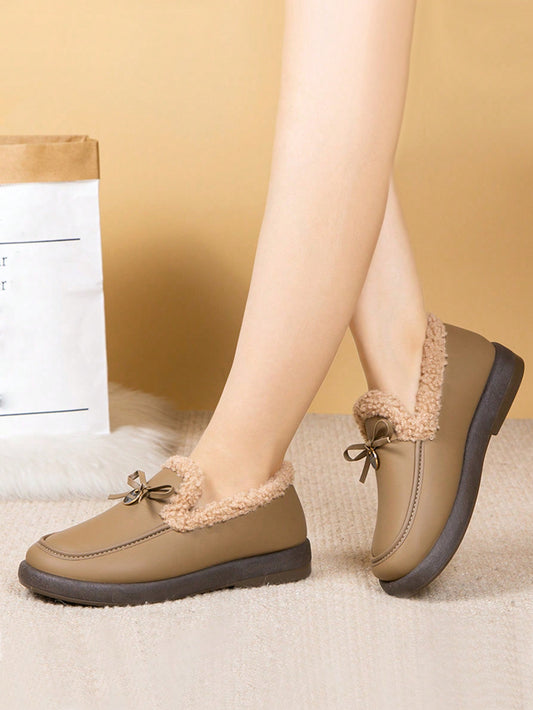 Women's Bow-Decor Flat Ankle Boots with Plush Lining for Winter Comfort