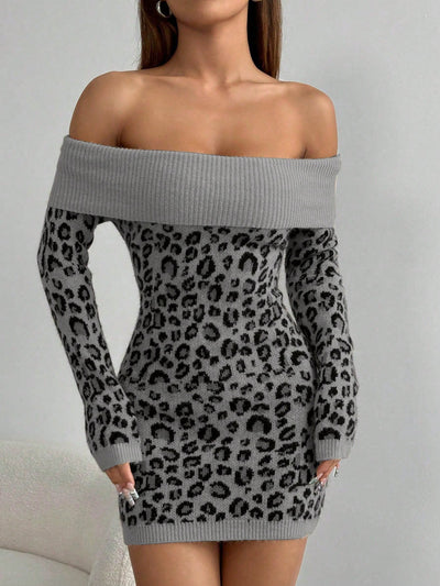 Chic and Sassy: Off-Shoulder Leopard Print Sweater Dress