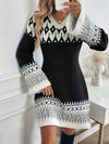 Retro-Inspired Clasic V-Neck Contrast Color Jacquard Sweater Dress