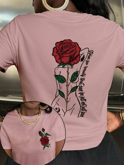 Chic & Casual: Women's Rose Letter Print Short Sleeve T-Shirt