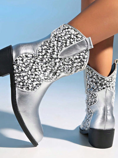 Retro Glam Silver Metallic Knee-High Boots with Spike Heel – Bold Fashion Statement for Women